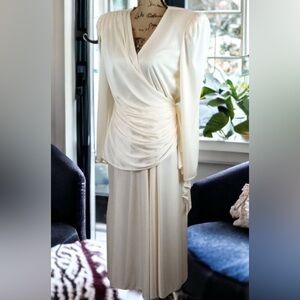 90s Filigree White Draped Midi Formal Special Occasion / Wedding Dress - N1087